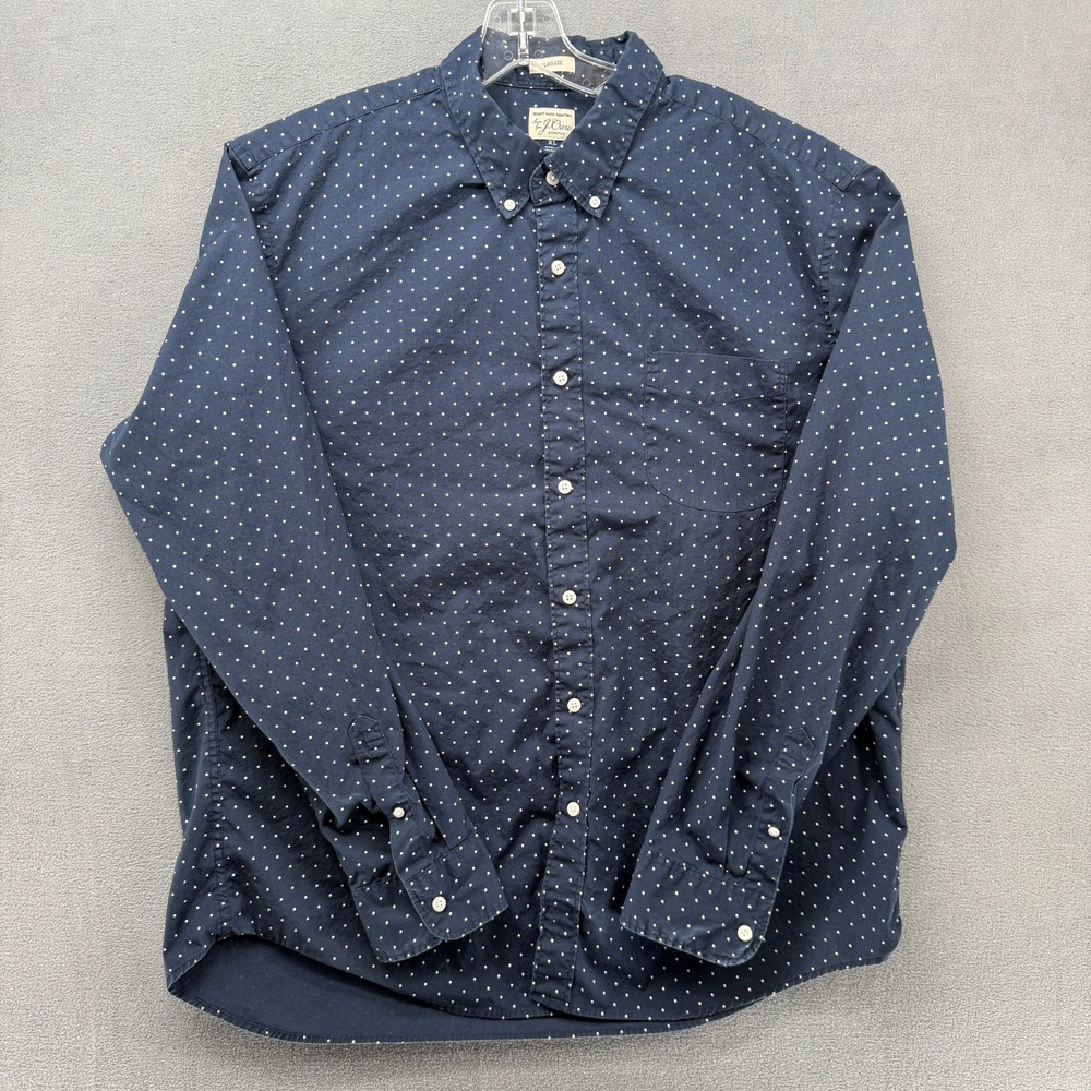 J.Crew Button Down Shirt Mens XL Secret Wash Stretch Classic Fit Navy Polka Dot